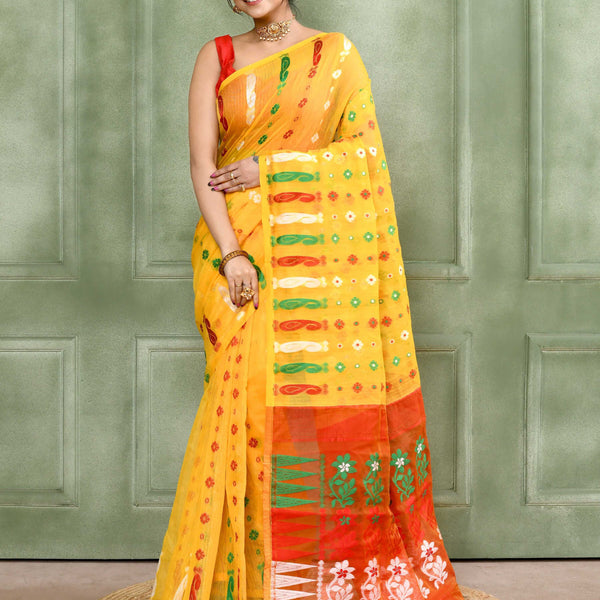 Piyari Fashion Women's Yellow Embellished Cotton Blend Jamdani Saree - Distacart