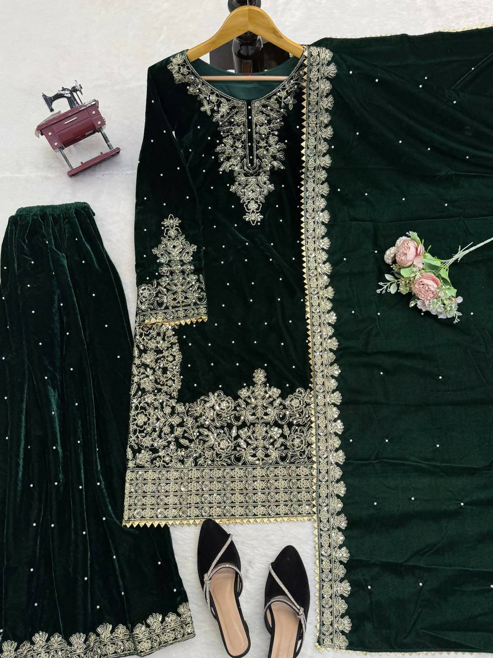 Vastranavya Green Viscose Velvet Cording Sequence With Moti Work Top-Bottom With Dupatta