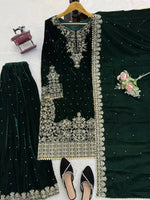 Thumbnail for Vastranavya Green Viscose Velvet Cording Sequence With Moti Work Top-Bottom With Dupatta