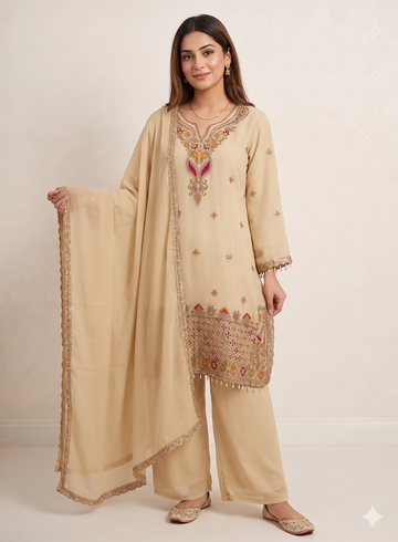 Teeya Creation Designer Beige Festive Palazzo Suit Set with Heavy Embroidery - Dista