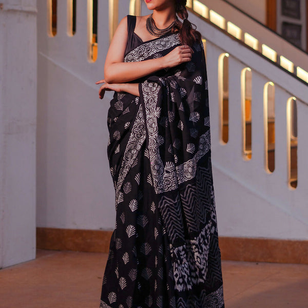 Zibaa Hand-Blocked Pure Mul Cotton Black Saree