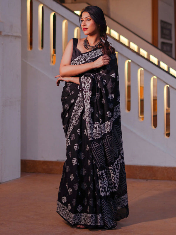 Zibaa Hand-Blocked Pure Mul Cotton Black Saree