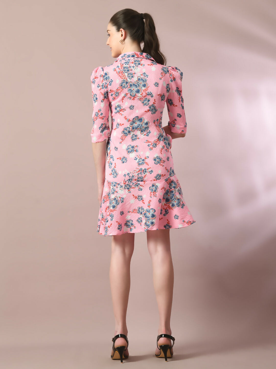 Myshka Women's Pink Printed Shirt Collar Fit and Flare Party Dress - Distacart