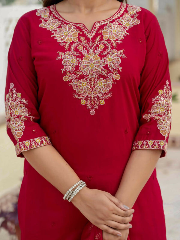 Preksha Creation Wedding Special Premium Roman Silk Coding Embroidery With Sequins Work Kurti Dupatta With Pant
