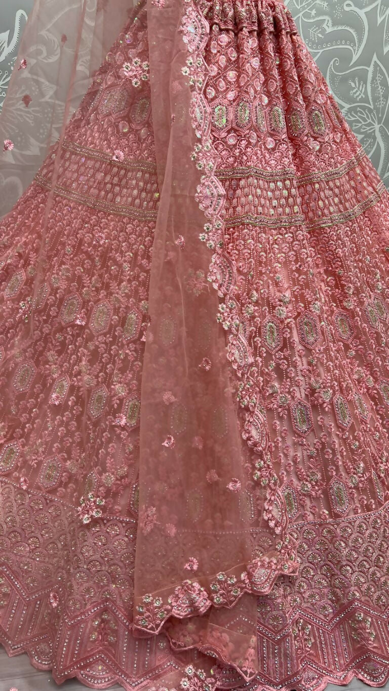 Jyoti Fashion Women's Pink Heavy Net Fancy Dori, Multi Thread, Rainbow Sequins and Diamond Work Wedding Lehenga Choli - Distacart