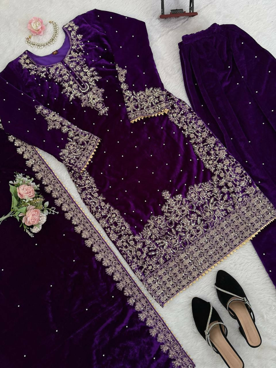 Vastranavya Purple Viscose Velvet Cording Sequence With Moti Work Top-Bottom With Dupatta