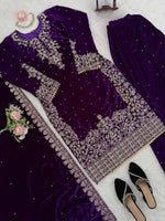 Thumbnail for Vastranavya Purple Viscose Velvet Cording Sequence With Moti Work Top-Bottom With Dupatta