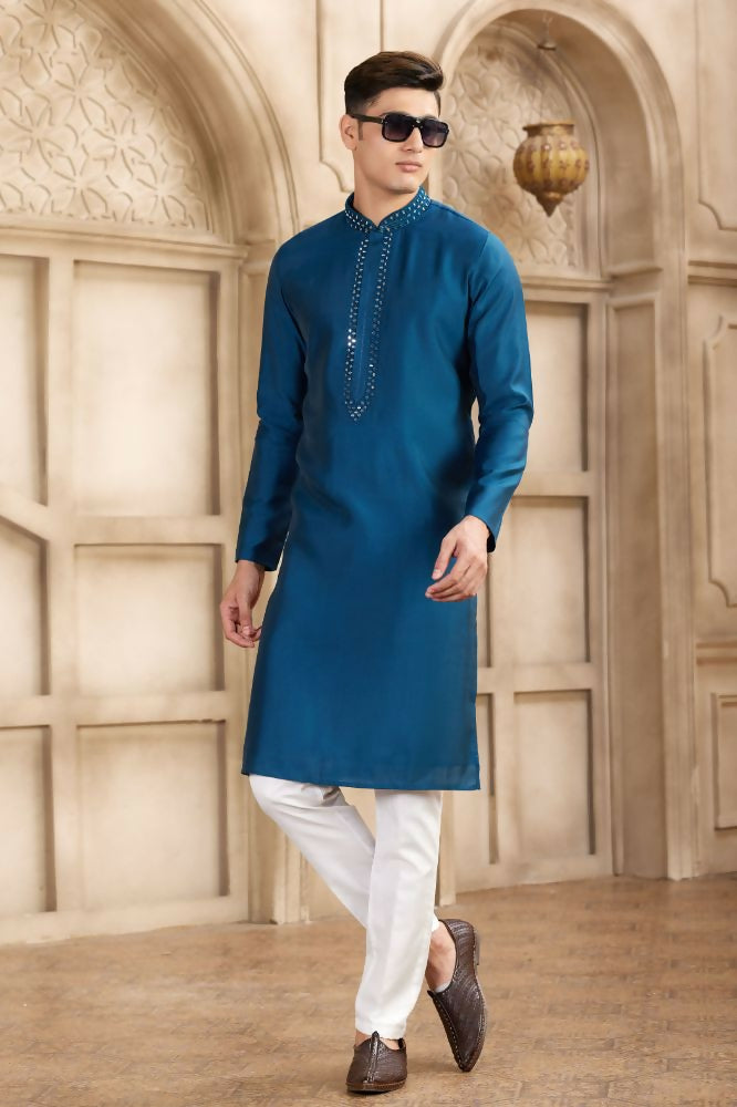 Raivat Ethnic Banarasi Art Silk Mirror Work Kurta Pajama In Blue Colour