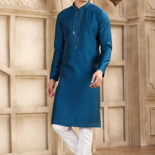 Raivat Ethnic Banarasi Art Silk Mirror Work Kurta Pajama In Blue Colour