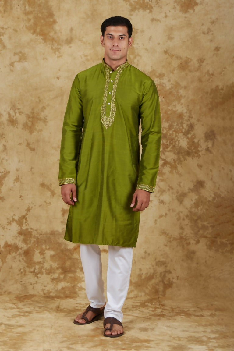 Bluesaanchi Men's Sunshine Handwoven Embroidered Apple Green Kurta Set - Distacart