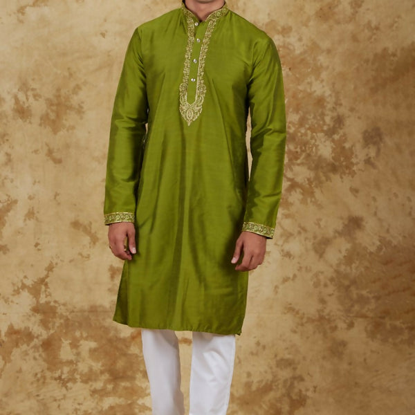 Bluesaanchi Men's Sunshine Handwoven Embroidered Apple Green Kurta Set - Distacart