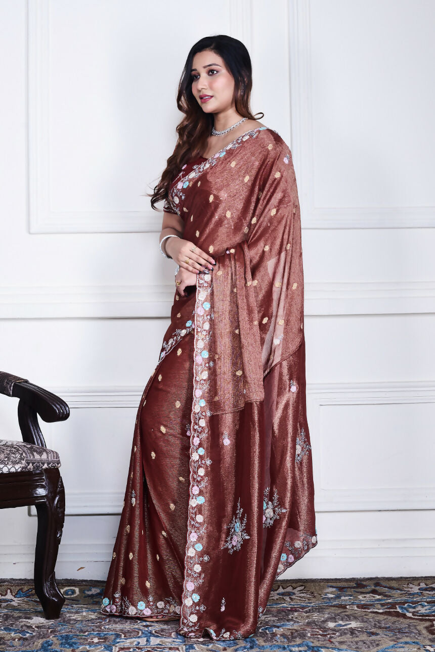 Morchari Brown Pure Chiffon Hand Embroidery Saree And Stitched Blouse - Distacart