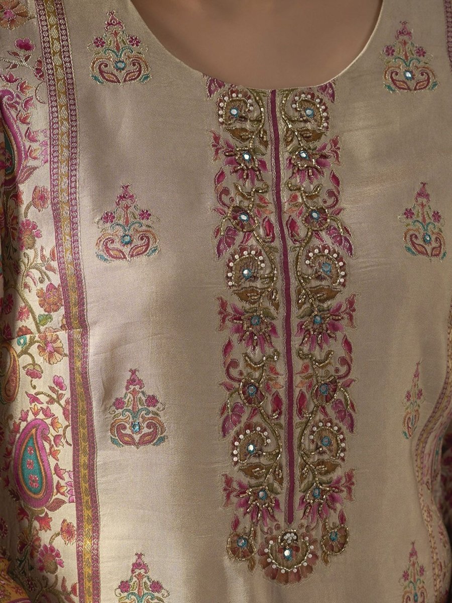 Anouk Cream Ethnic Motifs Printed Mirror Work Pure Silk Kurta With Trousers & Dupatta - Distacart