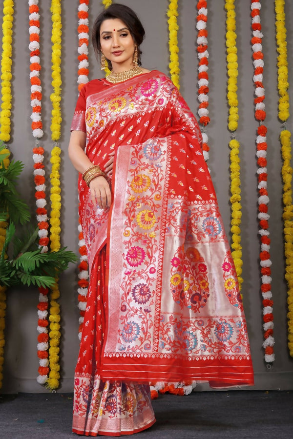 Jyoti Fashion Women's Red Banarasi Silk Zari Woven Saree with Blouse - Distacart