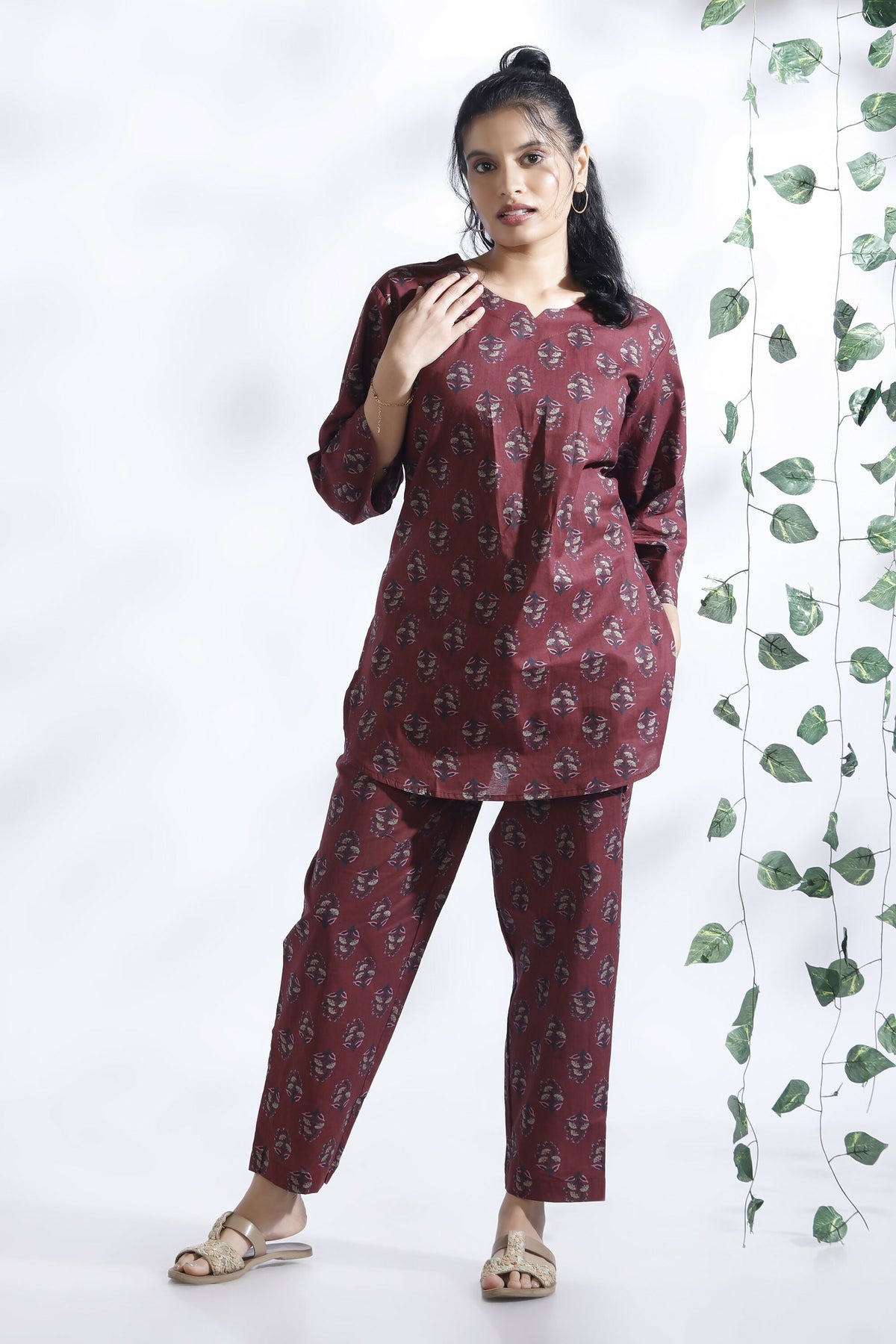 Breathables Butta Print Cotton Co-Ord Set – Wine - Dista