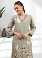 Thumbnail for Joban Fashion Pista Green Linen Embroidered Readymade Long Kurta With Pant - Distacart