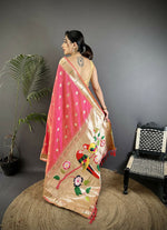 Thumbnail for Joban Fashion Peach Peacock & Floral Motifs Soft Silk Kanchipuram Saree - Distacart