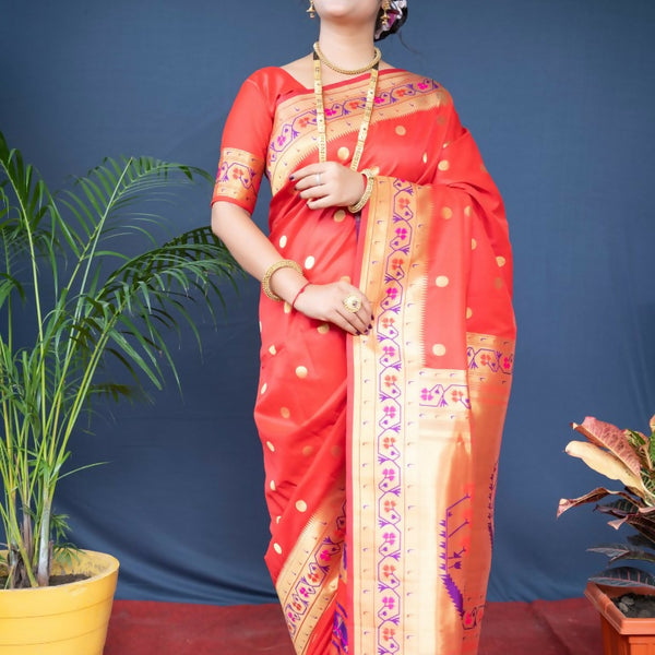 Jyoti Fashion Women's Red Paithani Silk Zari Woven Saree with Blouse - Distacart