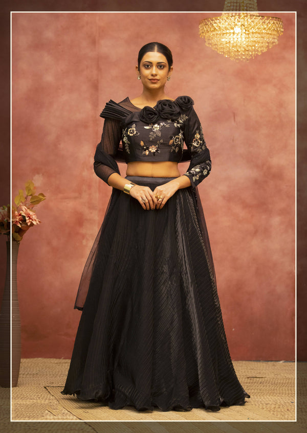 Black Satin Silk Semi-Stitched Bridal Lahenga - Nimaya Bonanza - Distacart