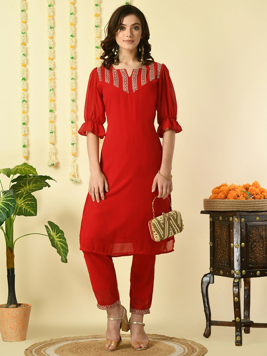 Myshka Women's Red Georgette Kurta With Trousers Party Sets - Distacart