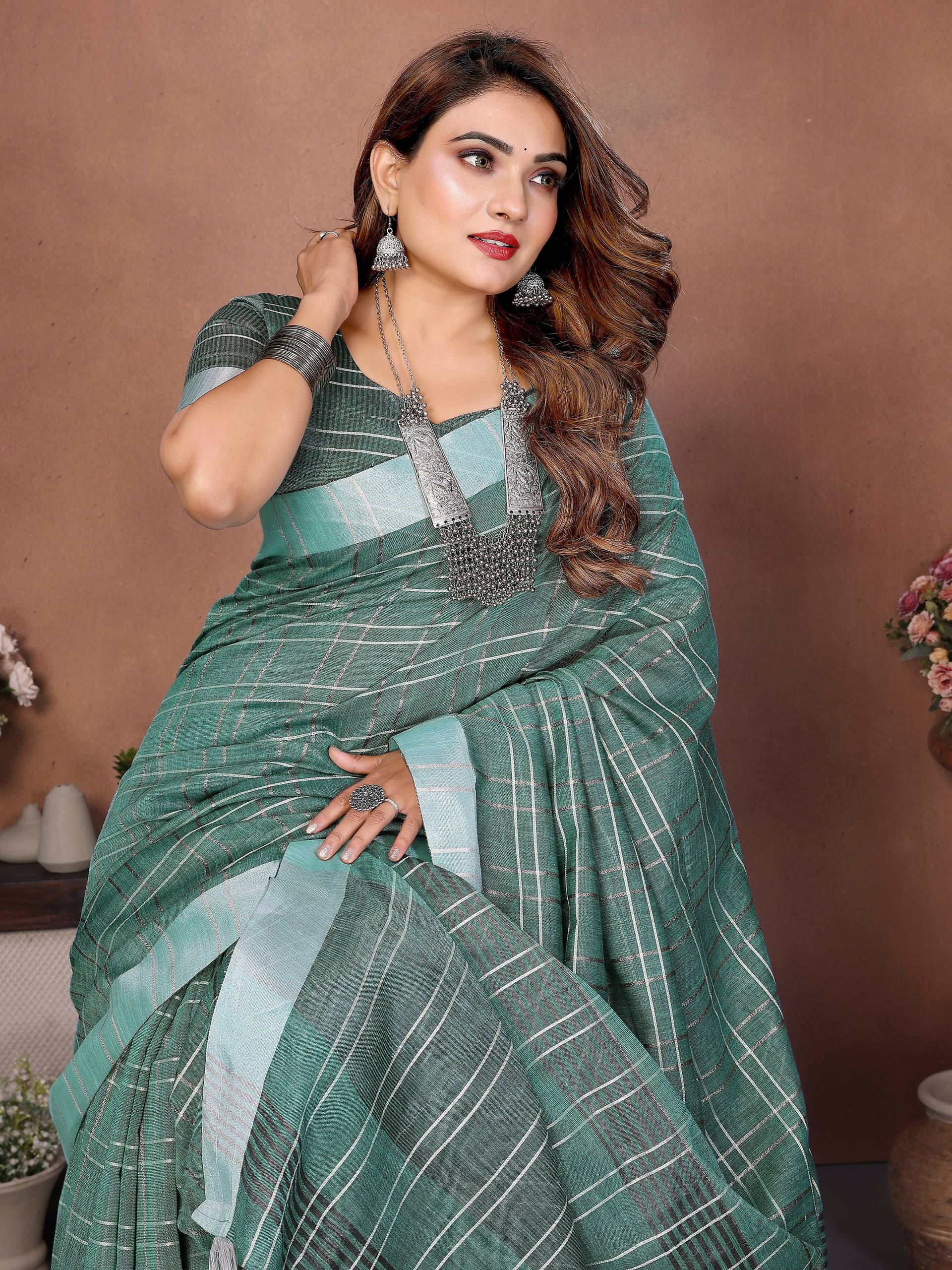 Aastha Fashion Sea Green Linen Weaving Saree - Distacart