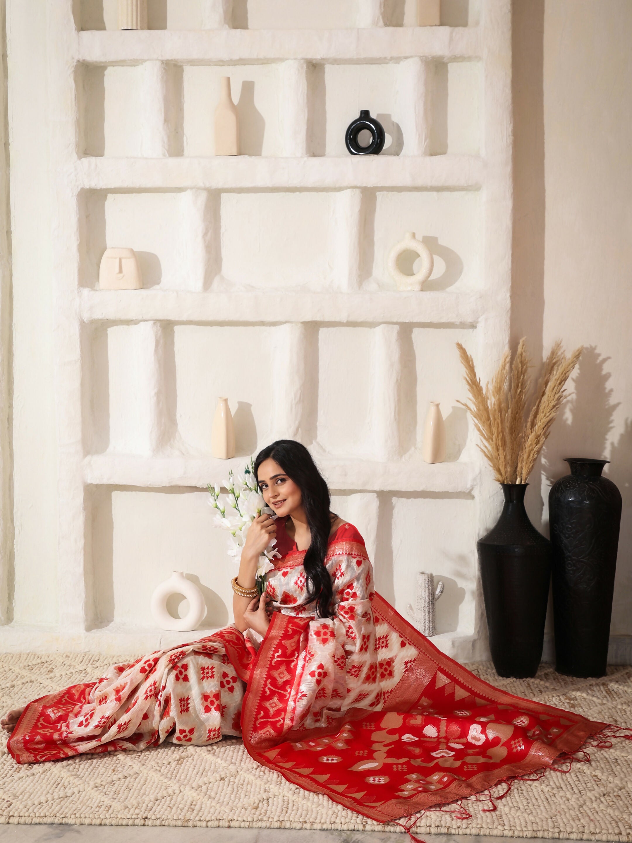 Astita Linen Cotton Red & White Saree
