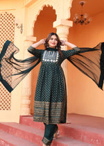 Thumbnail for Alvano Women's Embroidery work Print Naira Cut Kurti with Pant and Dupatta set Rayon - Distacart