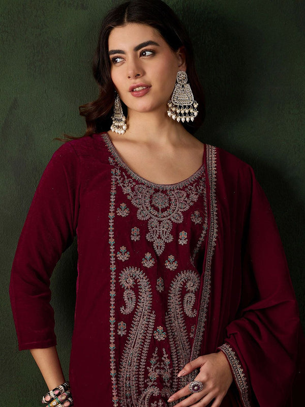 Sangria Floral Embroidered Straight Kurta & Trousers With Dupatta - Distacart