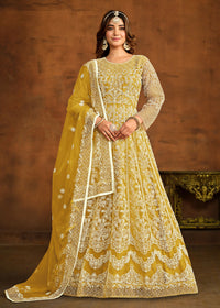 Thumbnail for Yellow All Over Embroidered Net Wedding Anarkali Suit - Emponline - Distacart
