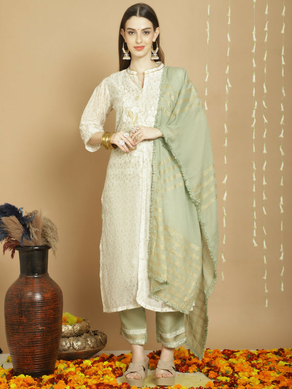 Jyoti Fashion Women's Off White Chanderi Silk Elegant Jardoshi Kurta with Trouser & Dupatta - Distacart