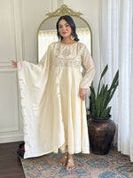 Thumbnail for The52 CreamWomen's Gorgeous Embroidered Vichitra Silk Fabric Flared Kurta Pant with Dupatta Set - Distacart