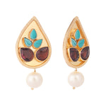 Thumbnail for Nuyug 22K Gold Plated Faux Turquoise Stone Studded Contemporary Petal Shaped Pearl Drop Stud Earrings