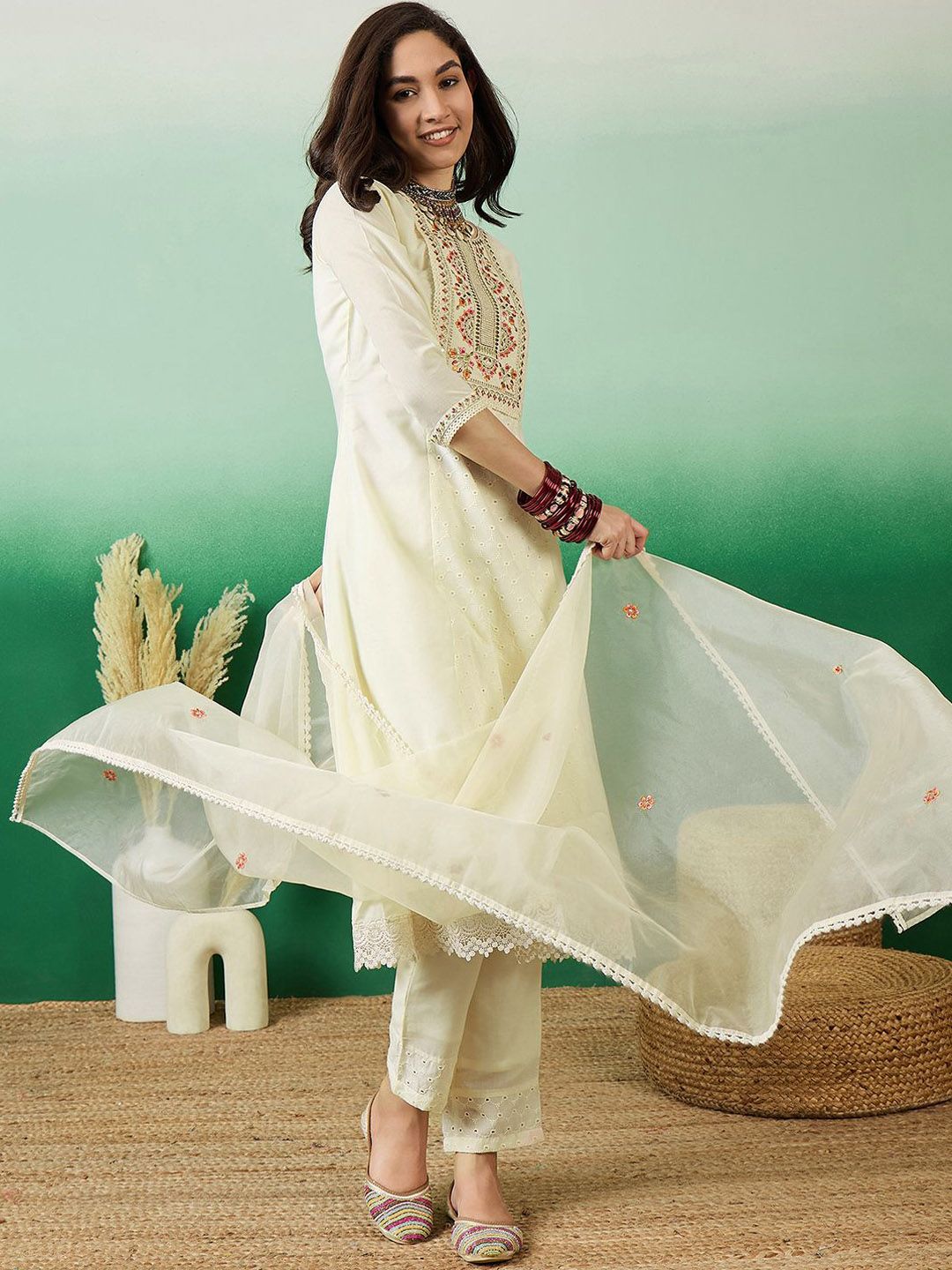 Sangria Embroidered A-Line Kurta With Trousers & Dupatta
