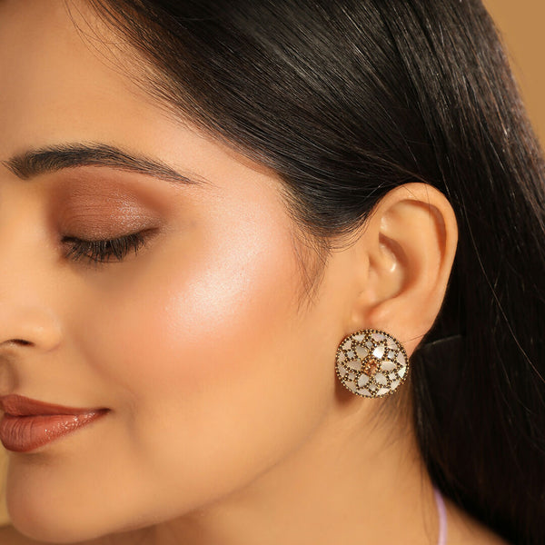 Nuyug 22K Gold Plated Mother of Pearls and Stone Studded Contemporary Floral Shaped Studs