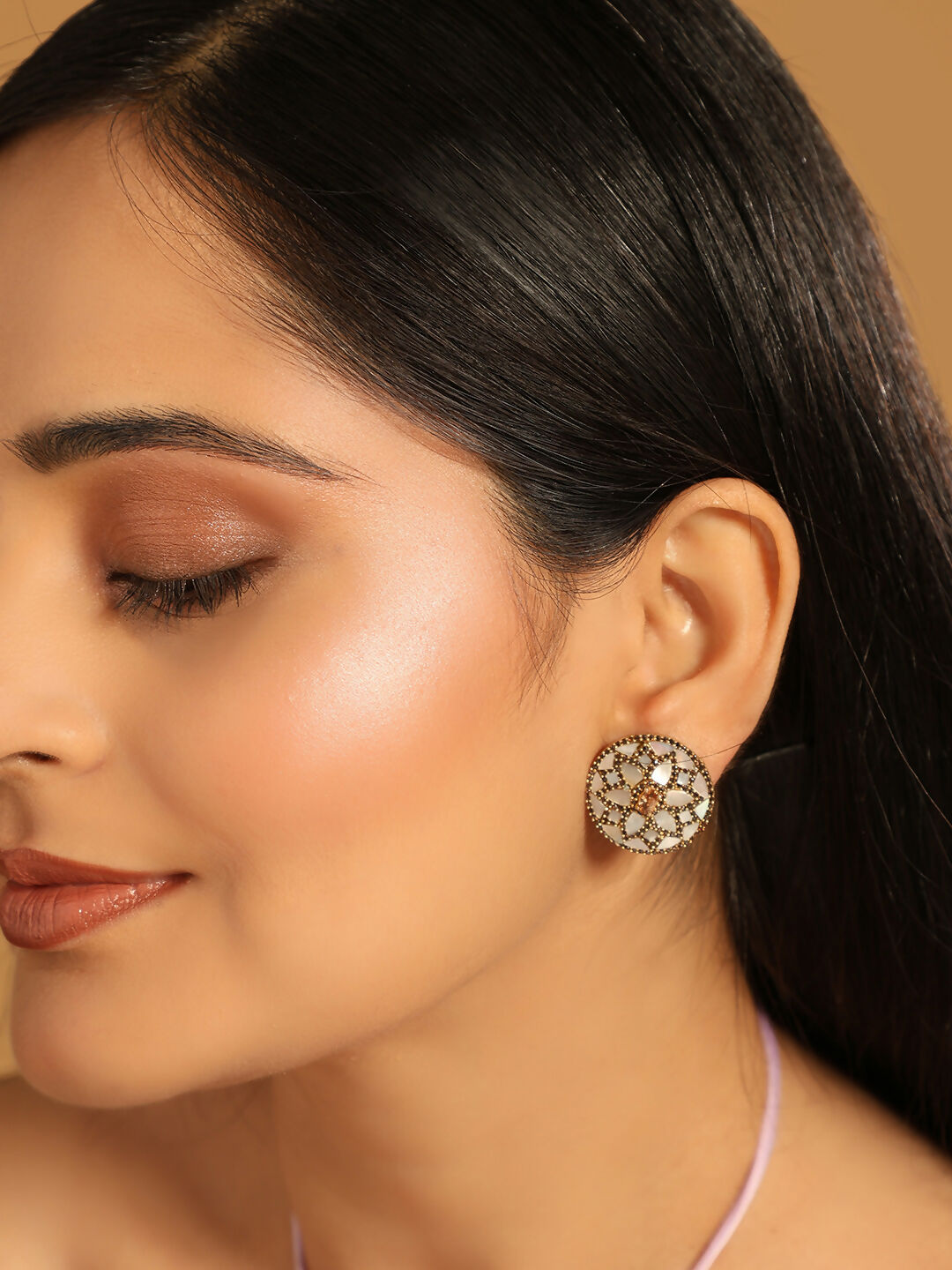 Nuyug 22K Gold Plated Mother of Pearls and Stone Studded Contemporary Floral Shaped Studs