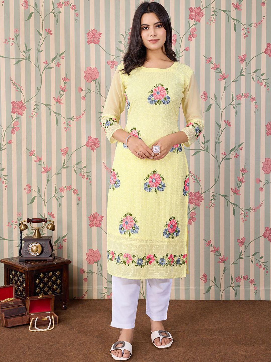 Ode by House of Pataudi Floral Embroidered Thread Work Floral Georgette Straight Kurta - Distacart