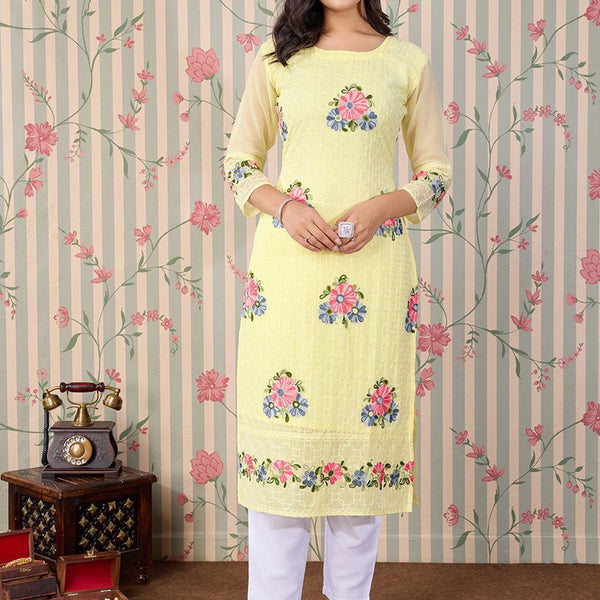 Ode by House of Pataudi Floral Embroidered Thread Work Floral Georgette Straight Kurta - Distacart