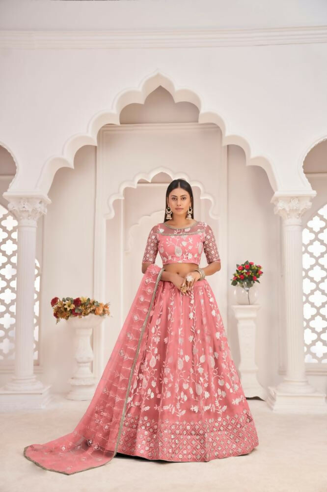 Aastha Fashion Gajari Butterfly Net White Cotton Thread Work, Zari Work And Sandwich Sequence Work Embroidery Wedding Wear Lehenga Choli - Distacart