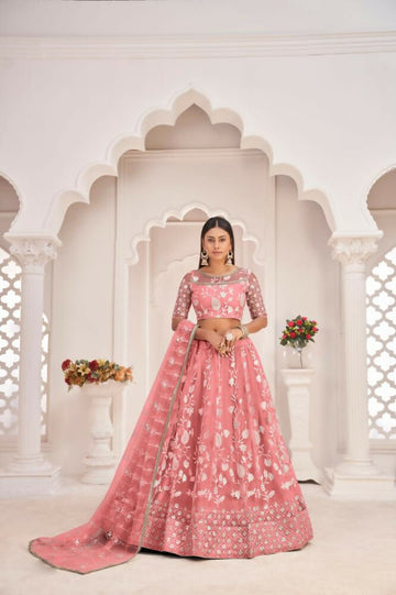 Aastha Fashion Gajari Butterfly Net White Cotton Thread Work, Zari Work And Sandwich Sequence Work Embroidery Wedding Wear Lehenga Choli - Distacart