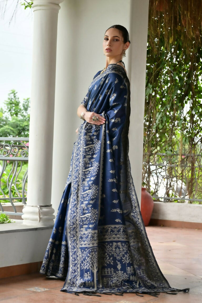 Vishnu Weaves Women's Blue Handloom Raw Silk Thread Weaving Saree with Blouse