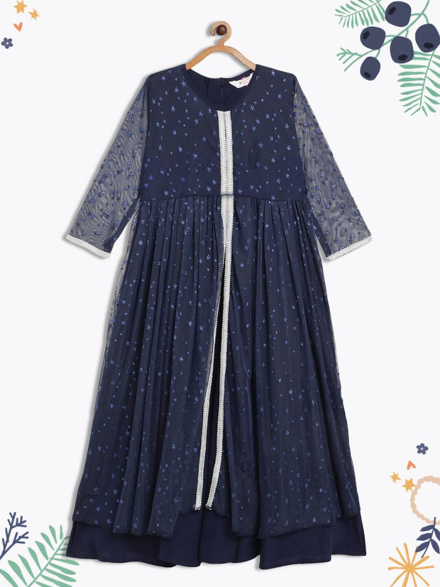 Ahalyaa Navy Blue Net Foil Print Kids Dress For Girls - Distacart