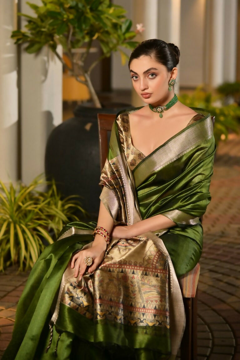 Vishnu Weaves Women's Mahendi Soft Tussar Silk Printed Saree with Blouse