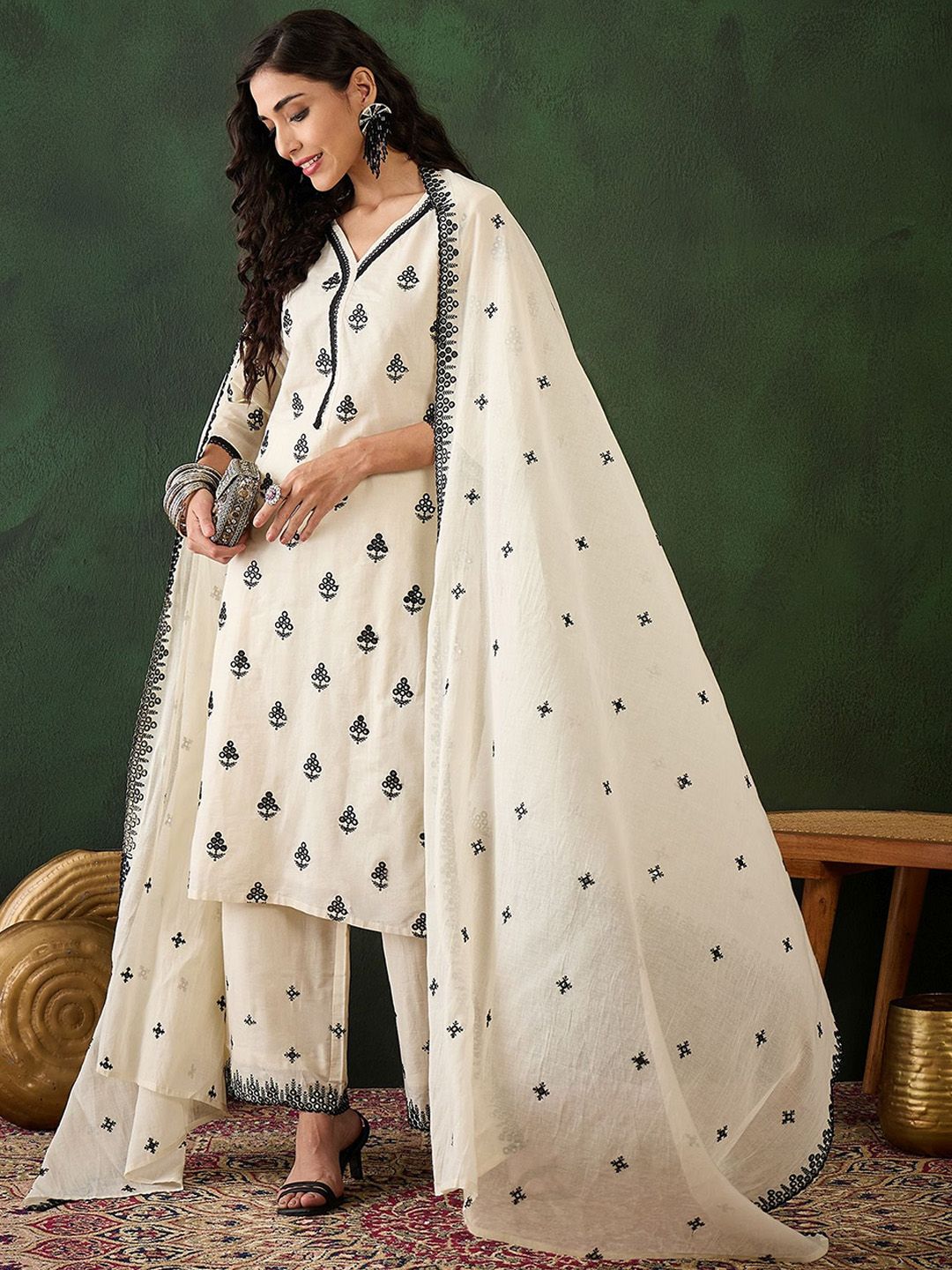 Sangria Off White Floral Embroidered Pure Cotton Mirror Work Kurta & Palazzos With Dupatta - Distacart