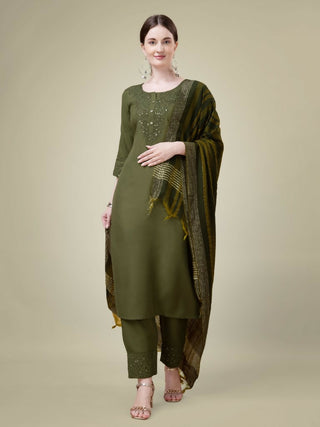 Jyoti Fashion Women's Mehendi Cotton Blend Embroidery & Sequence work Kurta with Trouser & Dupatta - Distacart