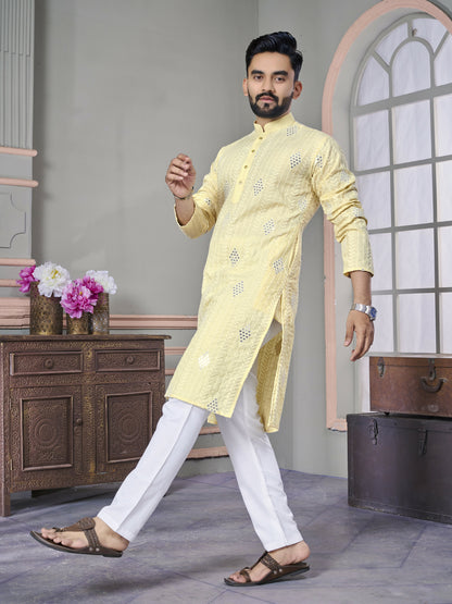 Yellow Linen Men Kurta Pajama Set by Infinity Export - Distacart