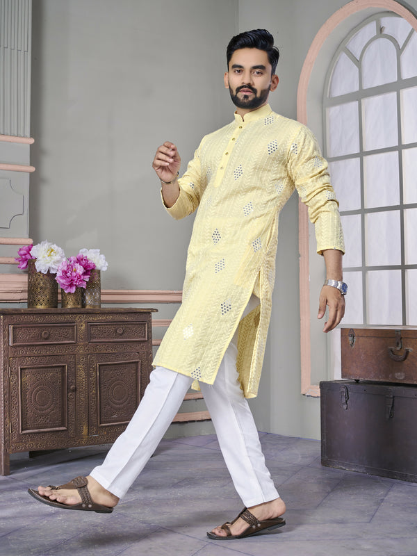 Yellow Linen Men Kurta Pajama Set by Infinity Export - Distacart