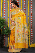 Thumbnail for Jyoti Fashion Women's Yellow Banarasi Silk Zari Woven Saree with Blouse - Distacart