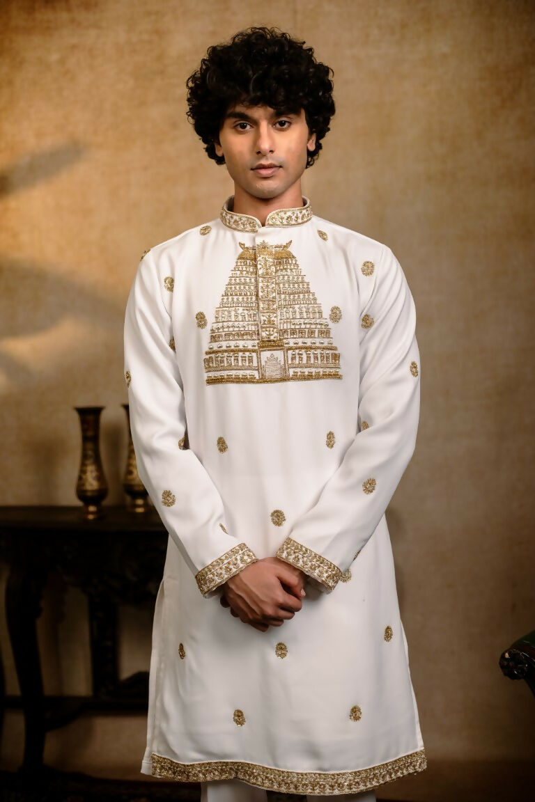 Falling Raw Silk White Devalaya Kurta By Hilo Design
