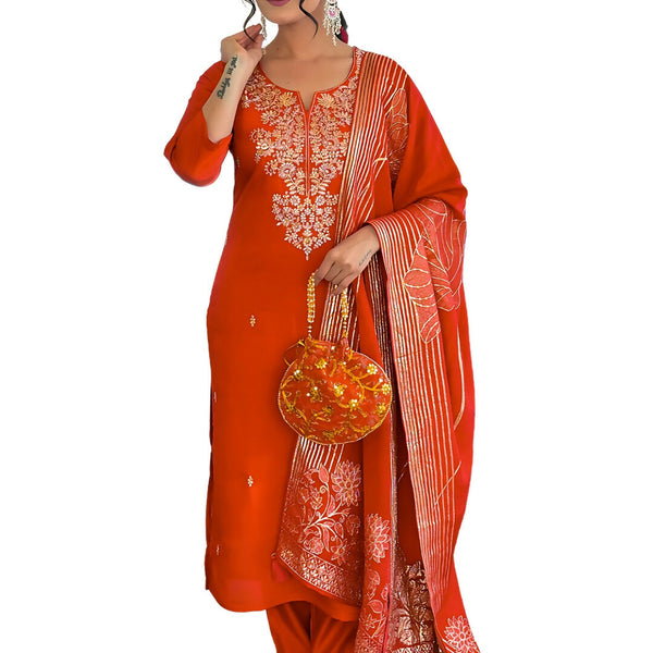 The52 Rust Women's Gorgeous Roman Silk Fabric Straight Kurta, Pant and Dupatta Set - Distacart