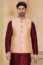 Thumbnail for Raivat Ethnic Jacquard Banarasi Silk Woven Work 3 Pics Jacket Set In Beige Maroon Colour - Distacart